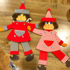 Two Unique Vintage Jointed Clowns  17 in, Puppets /Wall Decor Gingham Outfits  picture