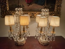 Pair of Antique French Brass and Crystal Four Light Girandole Chandelier Lamps picture