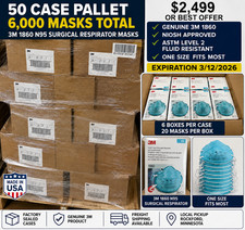 50 CASES 3M 1860 N95 SURGICAL RESPIRATOR 6000 MASKS TOTAL EXP 2026 PALLET NEW picture