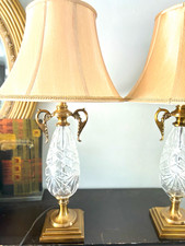 Dale Tiffany Set of 2 Table Lamps Brass-Tone Cut Glass Bell Beige Shades picture