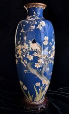Japanese Meiji Azure Aventurine Cloisonné  Vase Birds & Cherry Branch 12'' c1900 picture