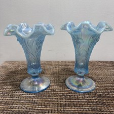 Vintage Fenton Art Glass Blue Satin Opalescent  Daffodil Ruffle Rim 2 Vases picture
