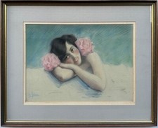William Malherbe (French, 1884-1951) : Potrait of a Lady, signed pastel drawing picture