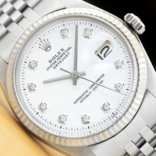 MENS ROLEX DATEJUST WHITE DIAMOND 18K WHITE GOLD BEZEL STAINLESS STEEL WATCH picture