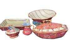 5pc Tracy Porter Artesian Road Ceramic Tureen & Lid Bowl Tray Pitcher Sugar READ picture