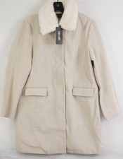 KAREN KEIN Beige Chevron Coat Fur Collar Womens AB-062 Size Medium NWT picture