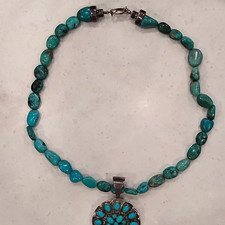 .925 VINTAGE Turquoise Beaded Necklace with Charm Pendant Ball/Bead Chain Hook picture