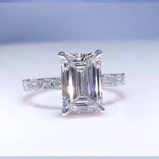 Certified 6.00 Ct White Emerald Cut Treated Diamond Solitaire Ring in 925 Silver picture