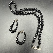 Vintage 1928 Earring & Necklace Set Black Faceted Glass Beaded Victorian Revival picture