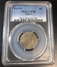 1913-D Type 1 Indian Head Nickel PCGS AU58 approx. 15% die axis rotation error picture