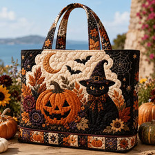 Women's Vintage Quilted Tote Bag with Black Cat Pumpkin Moon Floral Patchwork picture