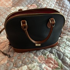 Dooney & Bourke Pebbled Satchel Navy/Brown Zip Detachable Strap Red Interior picture