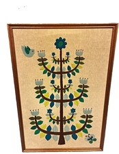 Vintage 1970s large crewel embroidery in the pattern Blue Tulip Tree of Life picture