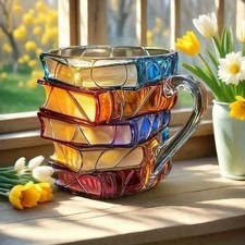 1pc Hand-Painted Book Stack Design Coffee Mug, Stackable Glass Cup With Vibrant picture
