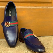 Men Handmade Leather Shoes Fashion Loafers Blue Formal Dress Shoe picture