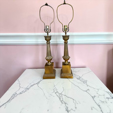 Vintage Pair Brass Lamps 30” Ornate Fluted Neoclassical Hollywood Regency WORKIN picture