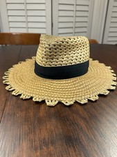 Eric Javits Squishee Cannes Woven Straw Packable Hat Scalloped Brim UPF 50+ picture