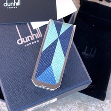 Dunhill Cadogan Engine Turn Money Clip Blue Leather Silver Tone with Case & Card picture