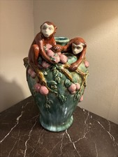Antique Majolica Ceramic Green/Pink  Vase Monkeys Eating Fruit 16” picture