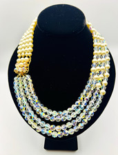 Vintage Signed MARVELLA 4-Strand Faux Pearl AB Crystal Choker Statement Necklace picture