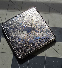 Vintage Square Silver-Tone Engraved Powder Makeup Compact with Mirror picture