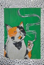 Aceo Original Art. Smoking Cat 2, Cute Animal Painting by LimeShell picture