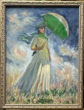 Vintage Impressionist Oil Painting, Female Portrait with Umbrella, Framed picture