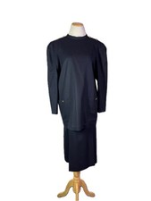 Vintage Louis Feraud Size 42 Navy Blue Wool Set Skirt Top picture