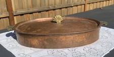 Antique Copper With Tin Oval Roasting Pan Fish Baker 15”x8.75” With Lid picture