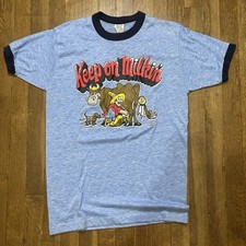 Vintage 1970s Keep On Milking True Vintage Ringer T Shirt Size Large Baby Blue picture