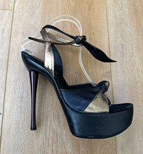 Vintage 70s Fred Slatten for Oliver Black Metallic Stiletto Platform Sandals 8 picture