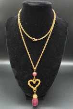 Vtg Avon Gold Tone Necklace w/ Purple Sparkle Lucite & gold tone heart dangle picture