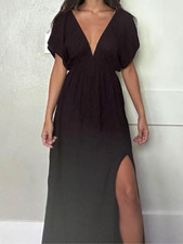 ASOS DESIGN Black V-Neck Backless Maxi Dress Short Sleeve Side Slit Size S picture