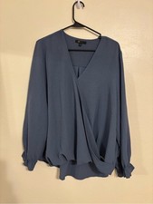 Frye 2X Blue Surplice Wrap Blouse Long Sleeve Plus Size picture