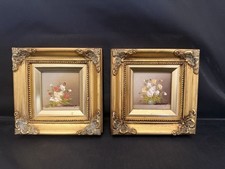 Pair of Vintage Signed Miniature Original Floral Oil Paintings Ornate Gold Frame picture