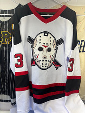 Voorhees 13 Hockey Jersey Jason Mask Front White Black Red Colors picture