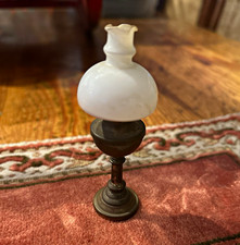 Antique Miniature Dollhouse Table Lamp White Glass Shade Bronze Metal Base 4 in picture