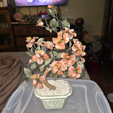 Vintage Chinese Peking Glass Jade Bonsai Tree Sculpture Cherry Blossom 16