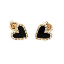 Solid Real Yellow Gold Heart-Shaped Onyx and Bezel Diamond Earrings 9x9mm picture