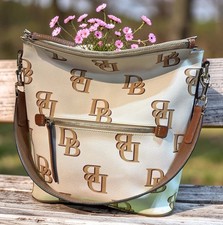 Dooney Bourke Ivory Bone Brown DB Logo Monogram Large Hobo Sac Shoulder Bag picture