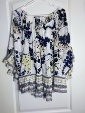 Fever Women’s L Floral Boho Blouse Bell Sleeve Ruffle Hem Rayon picture
