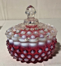 Vintage Fenton Opalescent Hobnail Cranberry Glass Covered Candy Dish/Jar/Lid picture