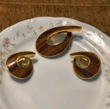 Vtg Rare Orena Paris Glossy Faux Wood Brooch & Clip on Earrings Jewelry Set picture