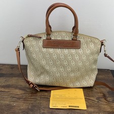 Dooney & Bourke Tan Monogram Satchel Zip Top Detachable Strap Gold Hardware picture
