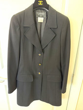 CHANEL Boutique Women’s Black Long Wool Blazer Jacket 38 Silk Lined Logo Buttons picture