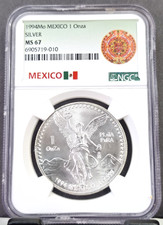 1994 MEXICO SILVER 1 ONZA LIBERTAD NGC MS 67 RARE GEM BU COIN 1 OZ picture