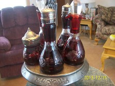 R. Strickland Silver Plate & Ruby Glass Antique Bohemian Ruby Etched Cruet Set  picture