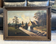 Lg Atq 19th c Pastoral Landscape Oil Painting Watermill European Folk Signed picture