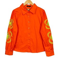 B&C Glamour Boutique Orange Embroidered Blouse Women M/L Cotton Button Front NWT picture