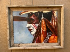 American Indian Warrior  - Oil Painting Framed Signed picture